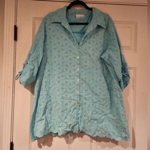 Susan Graver blue floral layered button up shirt 2x